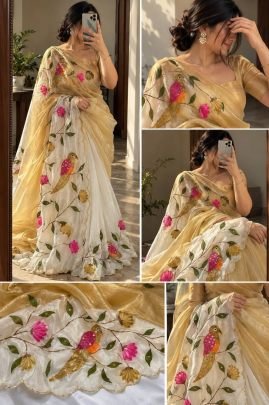 Aabha Gold Crush Handcrafted Brush Print Saree
