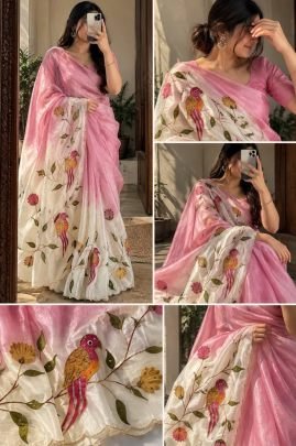 Aabha Gold Crush Handcrafted Brush Print Saree