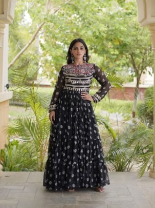 Bandhani Kutchi Patchwork Faux Georgette Gown