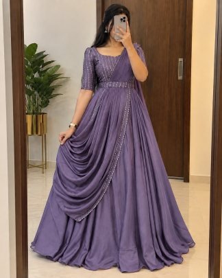 Blooming Vichitra Silk Draping Style Gown Set