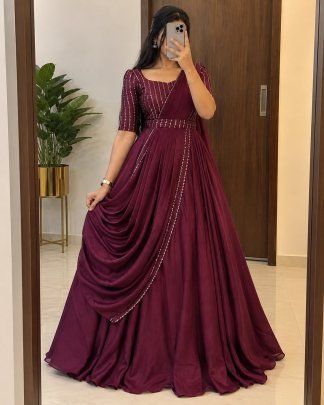 Blooming Vichitra Silk Draping Style Gown Set