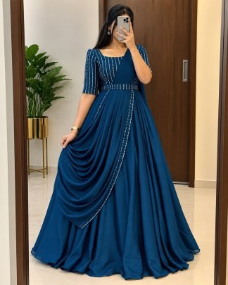 Blooming Vichitra Silk Draping Style Gown Set