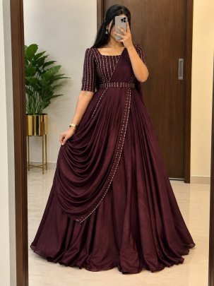 Blooming Vichitra Silk Draping Style Gown Set