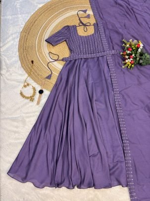 Blooming Vichitra Silk Draping Style Gown Set