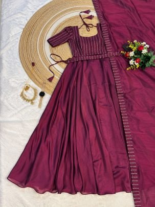 Blooming Vichitra Silk Draping Style Gown Set