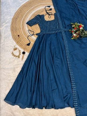 Blooming Vichitra Silk Draping Style Gown Set