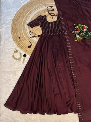 Blooming Vichitra Silk Draping Style Gown Set