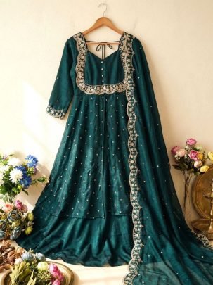 Bottle Green Vichitra Silk Embroidered Gown Set