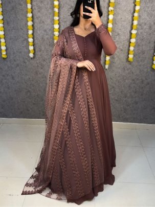 Brown Faux Georgette Party Wear Gown with Embroidered Net Dupatta