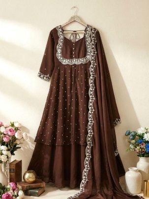 Brown Vichitra Silk Embroidered Gown Set