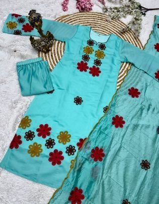 Chanderi Silk Embroidered Chinon 3 Piece Set