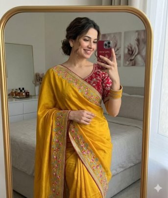 Chinon Silk Saree With Embroidery Work And Beautiful