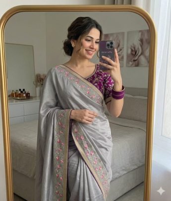 Chinon Silk Saree With Embroidery Work And Beautiful