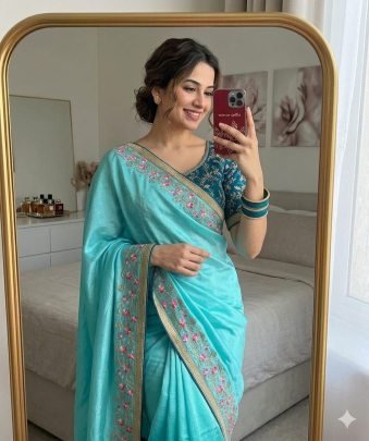 Chinon Silk Saree With Embroidery Work And Beautiful