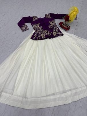 Designer Chinon Embroidered Blouse with Flared Lehenga Set (Fully Stitched)