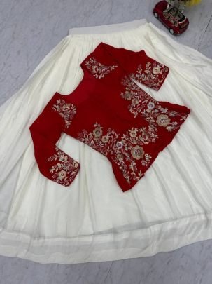 Designer Chinon Embroidered Blouse with Flared Lehenga Set (Fully Stitched)