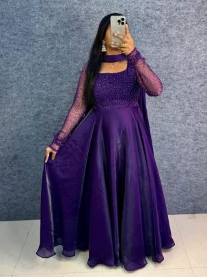 Designer Embellished Flared Party Wear Gown with Dupatta