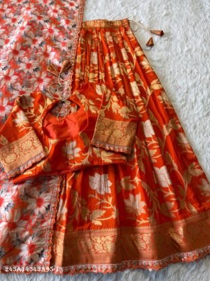 Designer Khadi Crepe Lehenga Choli Set with Zari Weaving & Scalloped Detailing