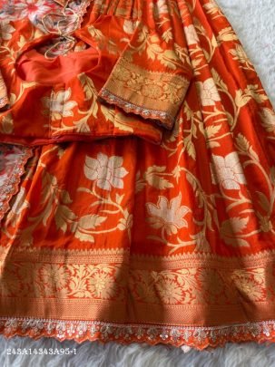Designer Khadi Crepe Lehenga Choli Set with Zari Weaving & Scalloped Detailing