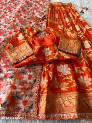 Designer Khadi Crepe Lehenga Choli Set with Zari Weaving & Scalloped Detailing