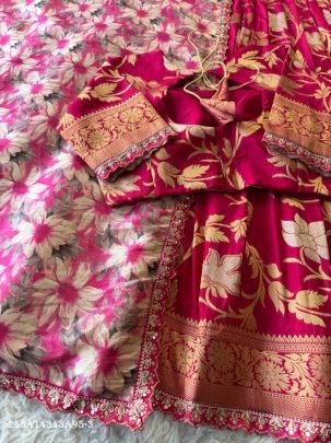 Designer Khadi Crepe Lehenga Choli Set with Zari Weaving & Scalloped Detailing