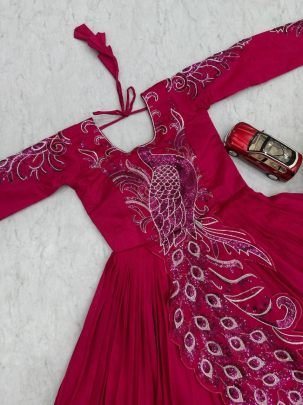 Designer Vichitra Silk Gown with Heavy Embroidery & Sequin Work