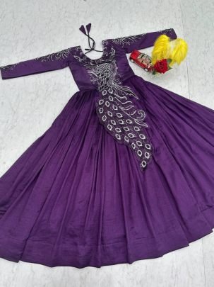 Designer Vichitra Silk Gown with Heavy Embroidery & Sequin Work