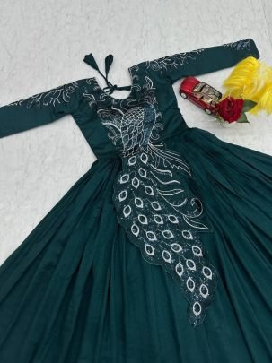 Designer Vichitra Silk Gown with Heavy Embroidery & Sequin Work
