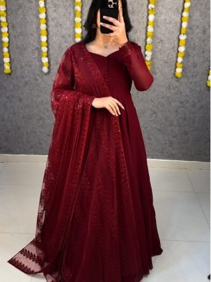 Elegant Faux Georgette Gown with Netted Floral   Sequin Dupatta