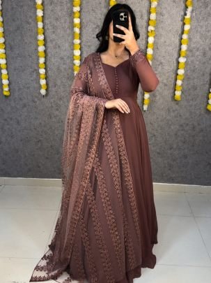 Elegant Faux Georgette Gown with Netted Floral   Sequin Dupatta