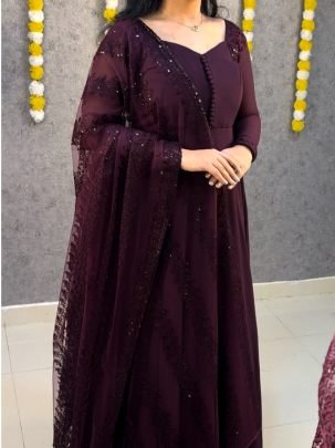 Elegant Faux Georgette Gown with Netted Floral   Sequin Dupatta