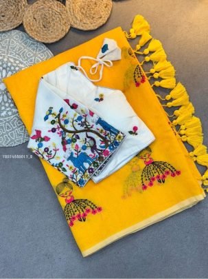Embroidered Cotton Saree with Contrast Printed Blouse