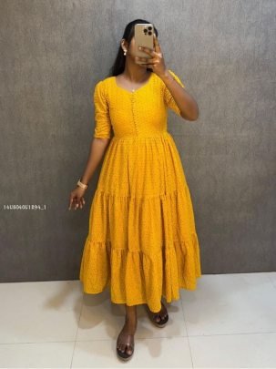 Embroidered Tiered Fit and Flare Midi Dress with Half Sleeves