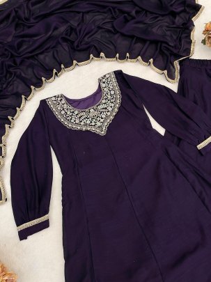 Embroidered Vichitra Kurti Palazzo Set with Dupatta