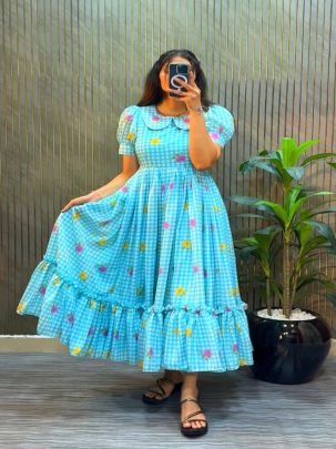 Floral Printed Mul Chanderi Midi Dress