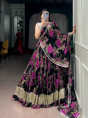 Georgette Floral Print Pearl Lace Lehenga Set