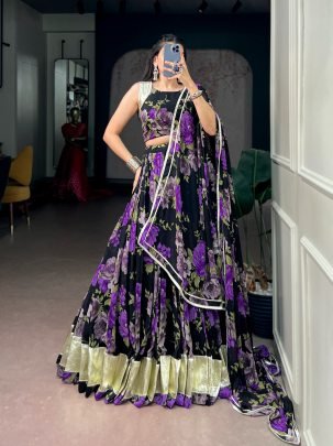 Georgette Floral Print Pearl Lace Lehenga Set