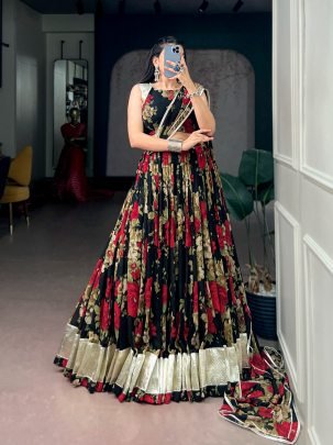 Georgette Floral Print Pearl Lace Lehenga Set