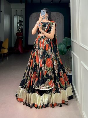 Georgette Floral Print Pearl Lace Lehenga Set