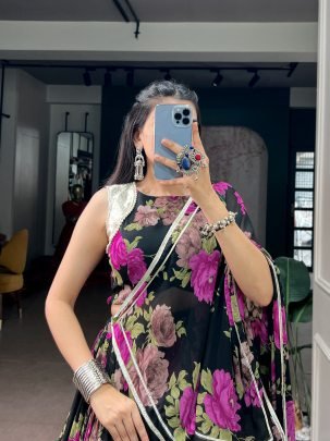 Georgette Floral Print Pearl Lace Lehenga Set