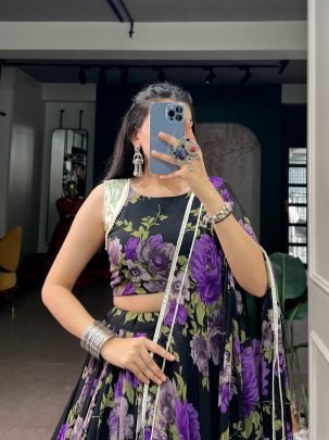 Georgette Floral Print Pearl Lace Lehenga Set