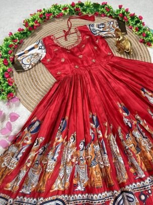 Kalamkari Anarkali Gown with Maggam Work in Premium Pulmy Silk