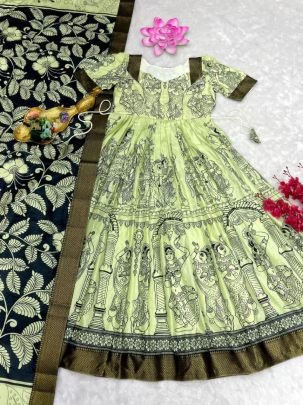 Kalamkari LimeGreen Print Dola Silk Anarkali Gown