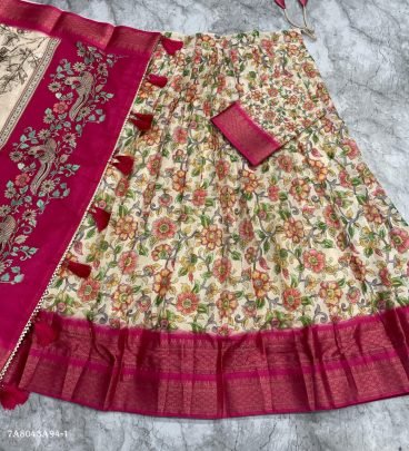 Kalamkari Printed Cotton Silk Lehenga Set with Zari Border