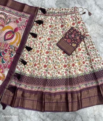 Kalamkari Printed Cotton Silk Lehenga Set with Zari Border
