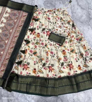 Kalamkari Printed Cotton Silk Lehenga Set with Zari Border
