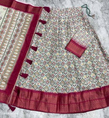 Kalamkari Printed Cotton Silk Lehenga Set with Zari Border