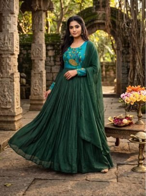 Kalamkari Printed Soft Kota Checks Gown