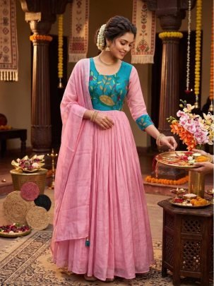 Kalamkari Printed Soft Kota Checks Gown