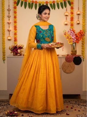 Kalamkari Printed Soft Kota Checks Gown